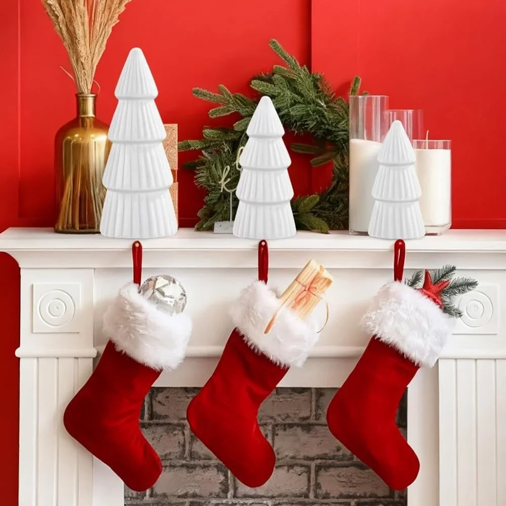 3 Pcs Velvet Ceramic Christmas Trees, Xmas White Modern Velvet Cone Decorations